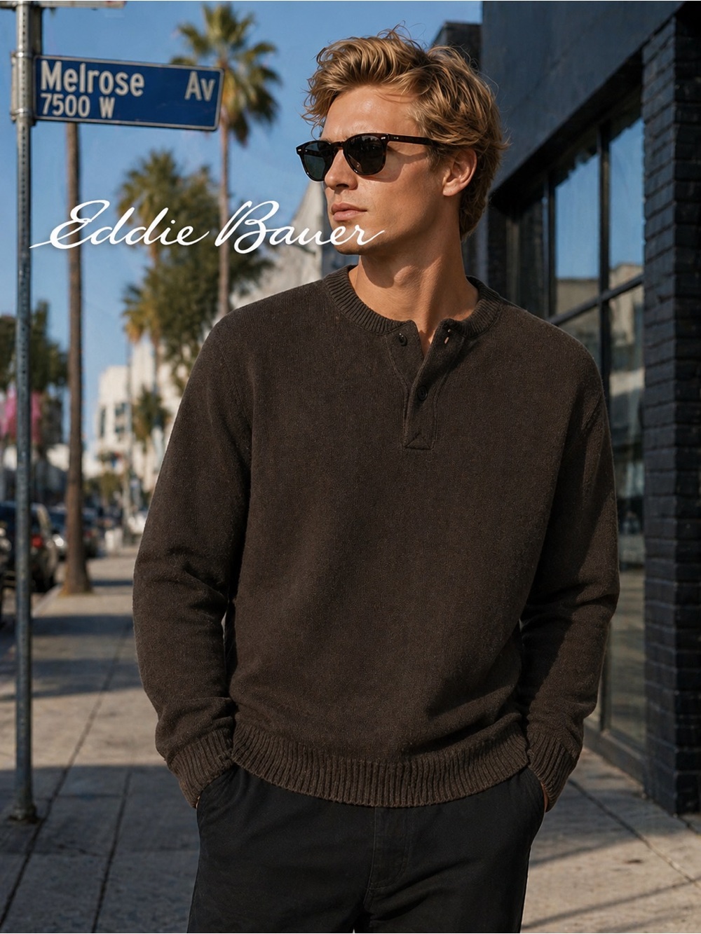 Eddie Bauer Men's Dark Brown Crewneck Henley Sweater